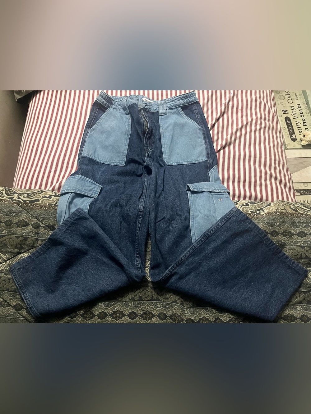 Women’s Two-Tone Dark & Light Blue Denim Cargo Jeans